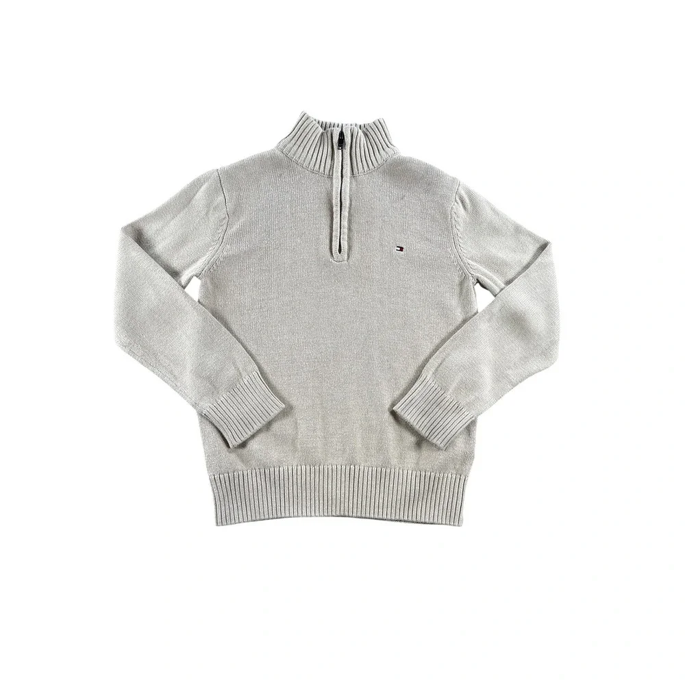Tommy Hilfiger Boys Tan Beige Quarter Zip Mock Neck Knit Sweater Size S 8